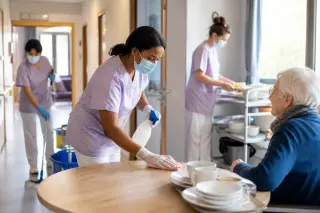 Agent de service hospitalier en EHPAD nettoyant un couloir avec un chariot de ménage, près des chambres de résidents, en lumière douce.