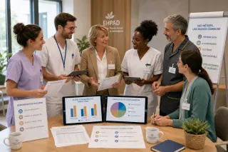 Divers professionnels EHPAD discutant de fiches de paie et de documents dans un espace commun lumineux, soulignant la diversité des métiers et un contexte salarial.