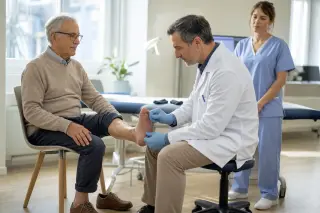 Médecin examinant la sensibilité du pied d’une personne âgée en cabinet médical, avec un monofilament, dans une ambiance lumineuse et rassurante.
