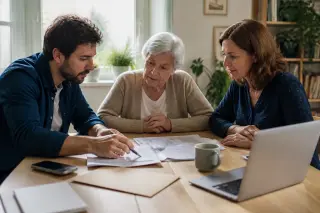 Famille et personne âgée réunies autour d’une table avec un dossier papier et un ordinateur, en train de préparer une demande d’admission en maison de retraite.