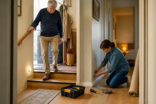 Senior et proche aidant installant une veilleuse et une main courante dans un couloir de maison, avec boîte à outils et éclairage doux de nuit.