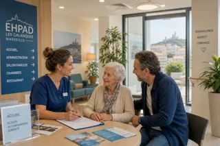 Infirmière accueillant une personne âgée avec un proche dans le hall d'un EHPAD, ambiance chaleureuse, signalétique visible, documents sur la table.