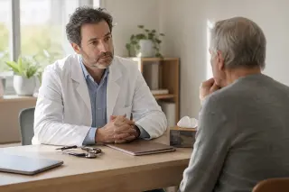 Neurologue en consultation dans un cabinet médical, échange rassurant avec un adulte inquiet assis en face, dossier fermé sur le bureau et lumière naturelle douce.