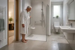 Senior dans une salle de bain adaptée, entrant prudemment dans une douche de plain-pied avec barres d’appui et siège rabattable, éclairage doux et sol antidérapant.
