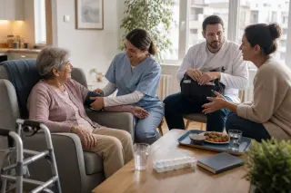 Professionnels de l’aide et des soins à domicile entourant une personne âgée dans son salon pendant une visite de prise en charge.