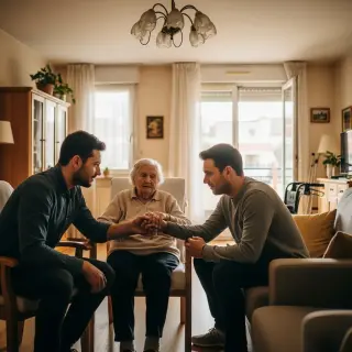 Femme âgée assise dans un salon accueillant, un proche s’accroupit à côté d’elle avec un air empathique, lumière douce, ambiance paisible et chaleureuse, aides à la mobilité visibles.