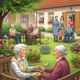 femme âgée souriante avec une soignante dans un jardin de maison de retraite conviviale, d'autres résidents jardinent, ambiance sereine et accueillante
