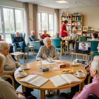 Personnes âgées et proches partageant un moment convivial dans une résidence accueillante, ambiance chaleureuse et empathique, activités collectives et technologies favorisant le lien social.