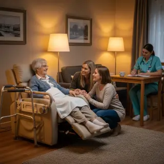 Senior woman in adapted living room talking calmly with a caregiver, nurse in background reading a logbook, safety features visible, atmosphere of serenity and care.
