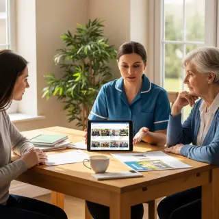Social worker, elderly woman, and her daughter review care home options on a tablet in a warmly lit, welcoming room, expressing empathy and serenity.