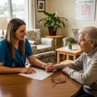 Social worker holding hands with elderly woman at a table in a welcoming, modest care facility, soft daylight, expressing empathy and gentle attention.
