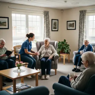 Warmly lit nursing home common room with elderly woman and caregiver holding hands, both looking serene, other residents quietly interacting in background.